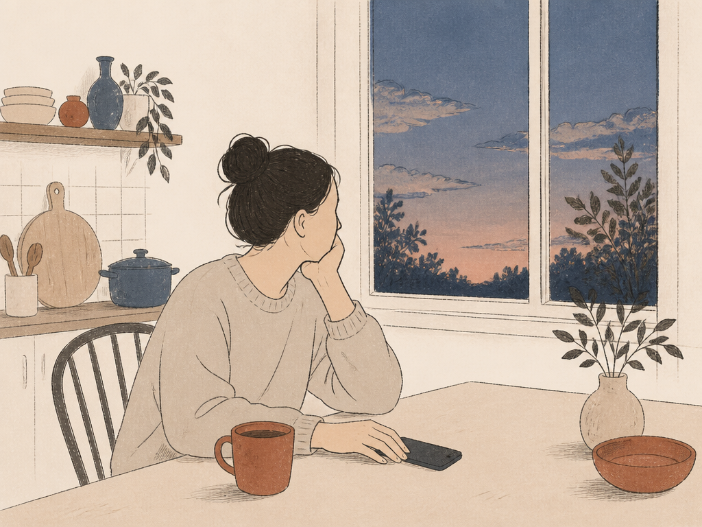 Illustration: en förälder sitter ensam vid köksbordet på kvällen med en kopp te
